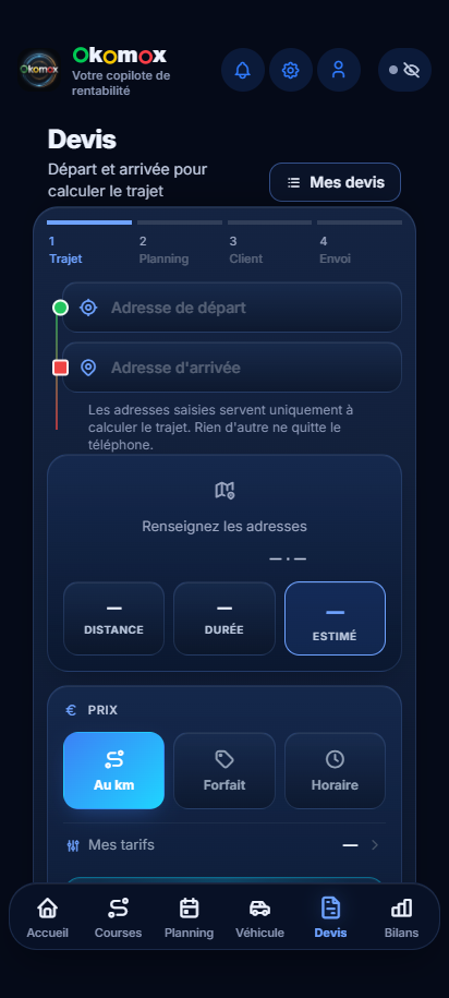 Devis : trajet, durée et prix d’une course privée